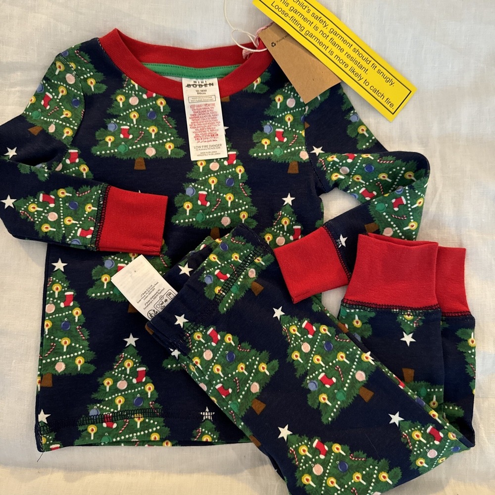 Mini Boden Glow In The Dark Christmas Tree Holiday Pajamas Unisex Size 12-18 Mo